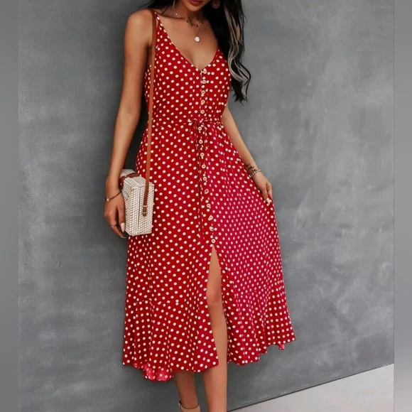 New Chic Flowy Polka Dot Button Front Cami Dress Midi Red White - Picture 6 of 8